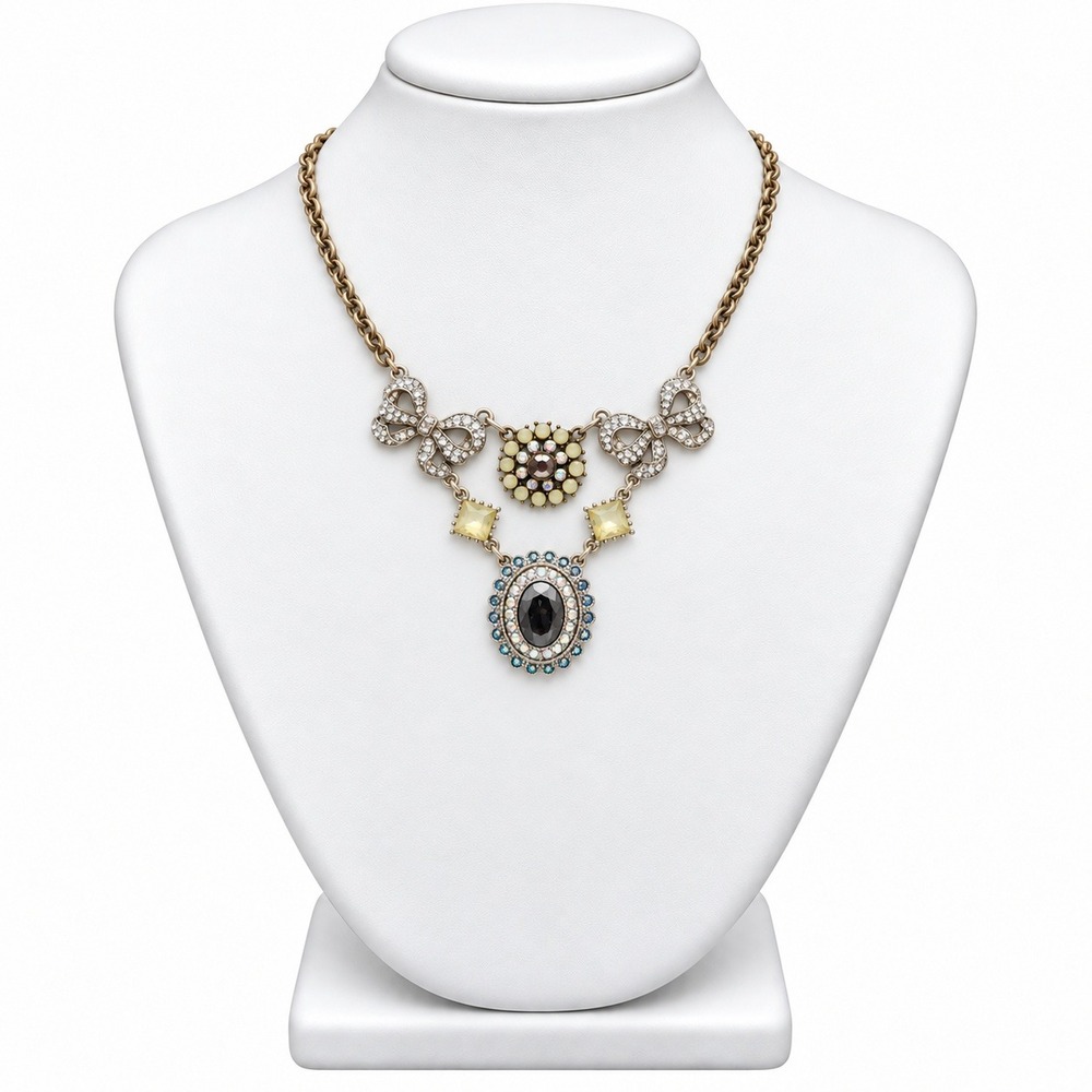 Betsey Johnson Whiteout Crystal Necklace Bow Statement Pendant Signed Vintage